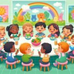 a group of children sitting around a table eating