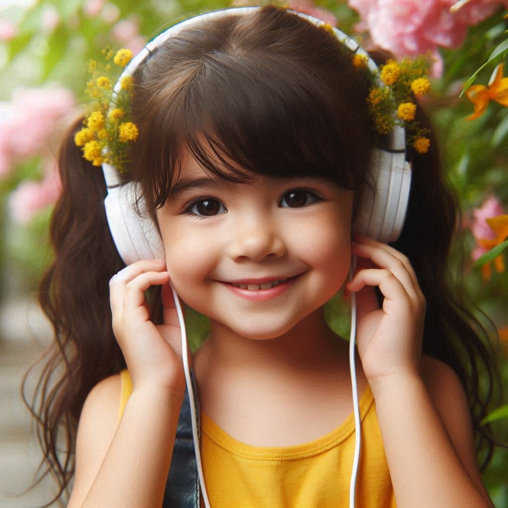 a girl wearing headphones with flowers in her hair, "benefícios da música"